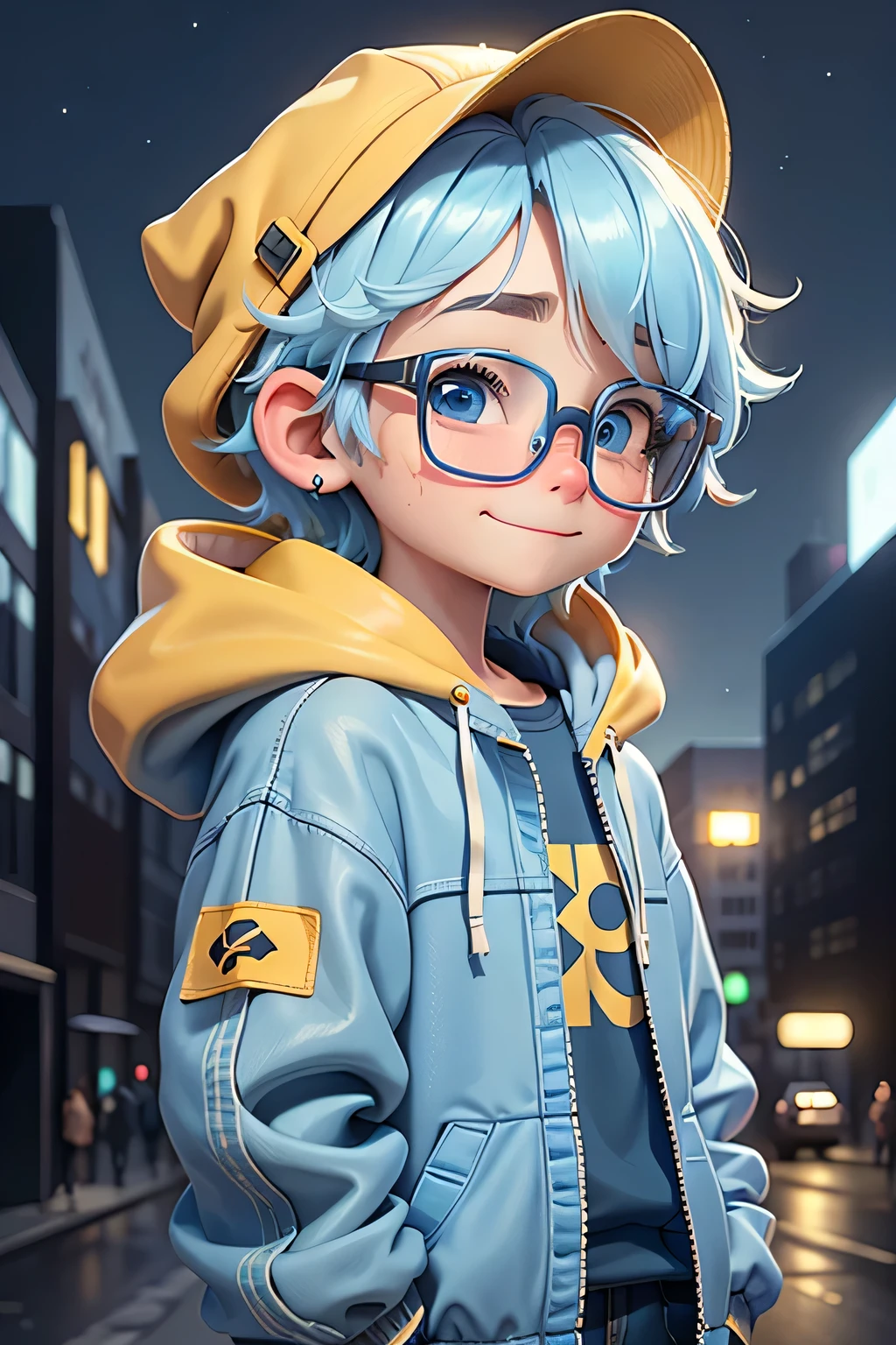 Loli boy, light blue hair, taken, Modern accessories, hoods, Sweatshirt , eye glass, delicately detailed eyes, A delicate and delicate smile, milkyW, Perosant, holograph, buildings background and planets in the sky. a boy wearing blue jacket and yellow t shirt, long light blue hair and wearing yellow cap, big ayes , cute , happy face, wearing spectacles , little boy , in the background some buildings and in the sky some planets, forcuse on the boy, use syberpunk colors, and 3D image. 8k