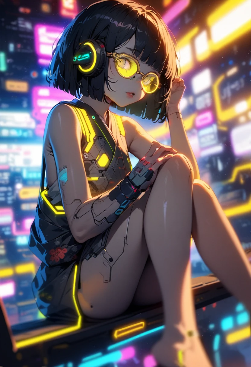 (blurry background:1.3), (extremely detailed fine touch:1.3), (super very black short hair:1.3), (((yellow underrim glasses:1.3))), headphones,(asian cyberpunk:1.3), (neon:1.3), (innovative design:1.3),(nice view:1.3), (deep space:1.3), kimono, bare legs, bare arms,