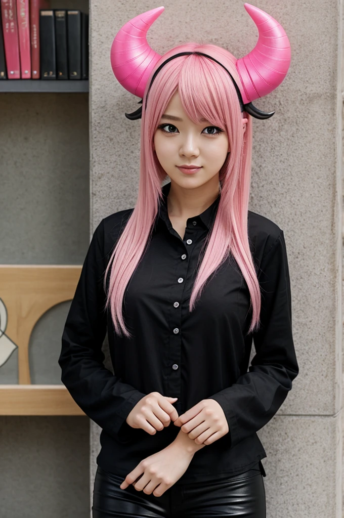 female character, noob manga style, pink hair, book on the head and some horns, black shirt, and black pants, slim 