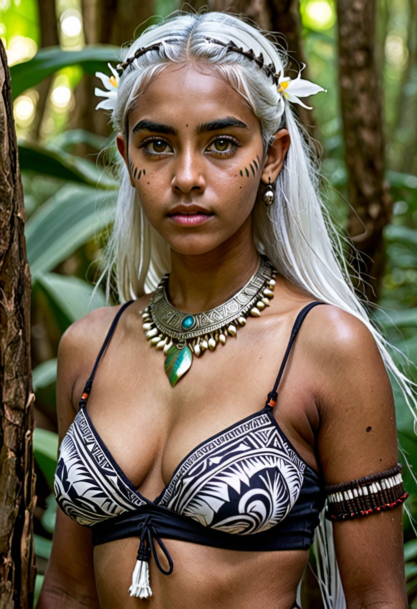 1girl,amazon girl,silver hair,(white eyes color),(white iris),,forest,hd,8k,wearing tribal clothes,add detail,looking at camera,(exotic skin),(dark skin),((no makeup)),((clear face)), nature beauty,raw image,aryan race,native girl,tattered tribal clothes,((busty body)),slight chubby,venus goddess body