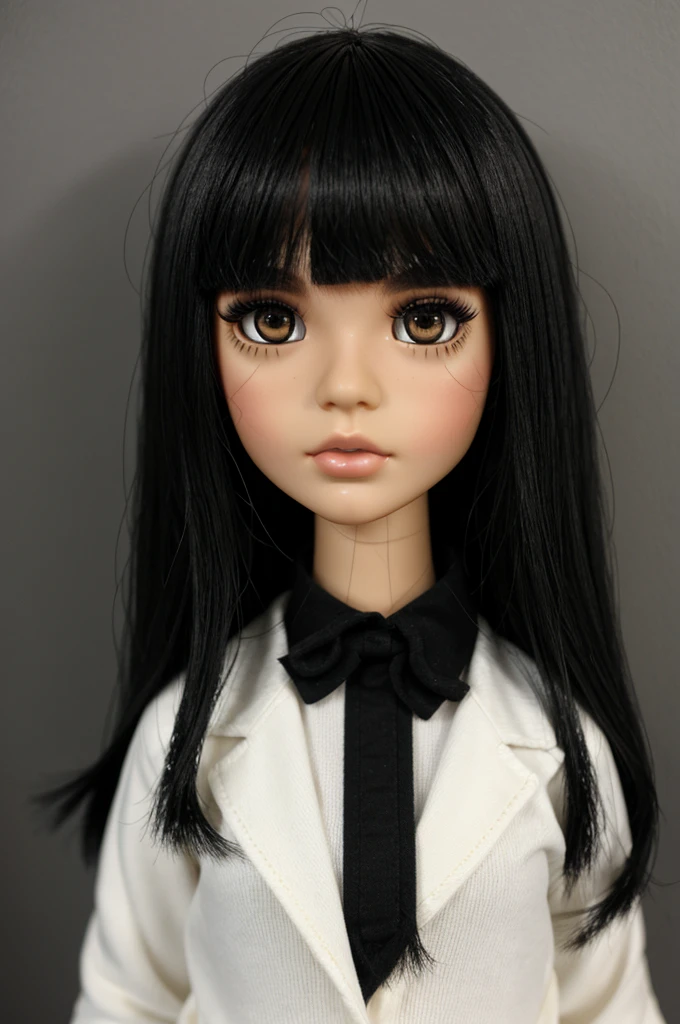 Single Blythdoll with full black eyes and black eyebrows, has eyeliner, black hair and thin bangs, fair skin color, black clothes.
