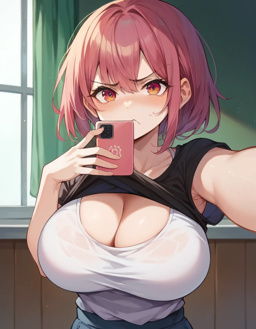 1 girl, big breasts, that the image made taking a selfie, cheeks flushed in cute anime style, and a pout just like the cute anime style and eyebrows as if she were angry, shirt neckline somewhat exposed