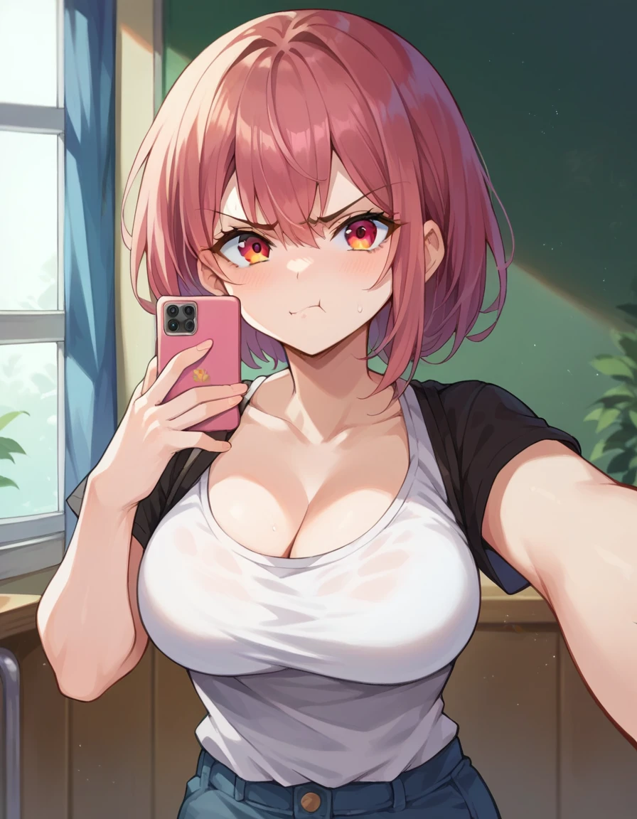 1 girl, big breasts, that the image made taking a selfie, cheeks flushed in cute anime style, and a pout just like the cute anime style and eyebrows as if she were angry, shirt neckline somewhat exposed