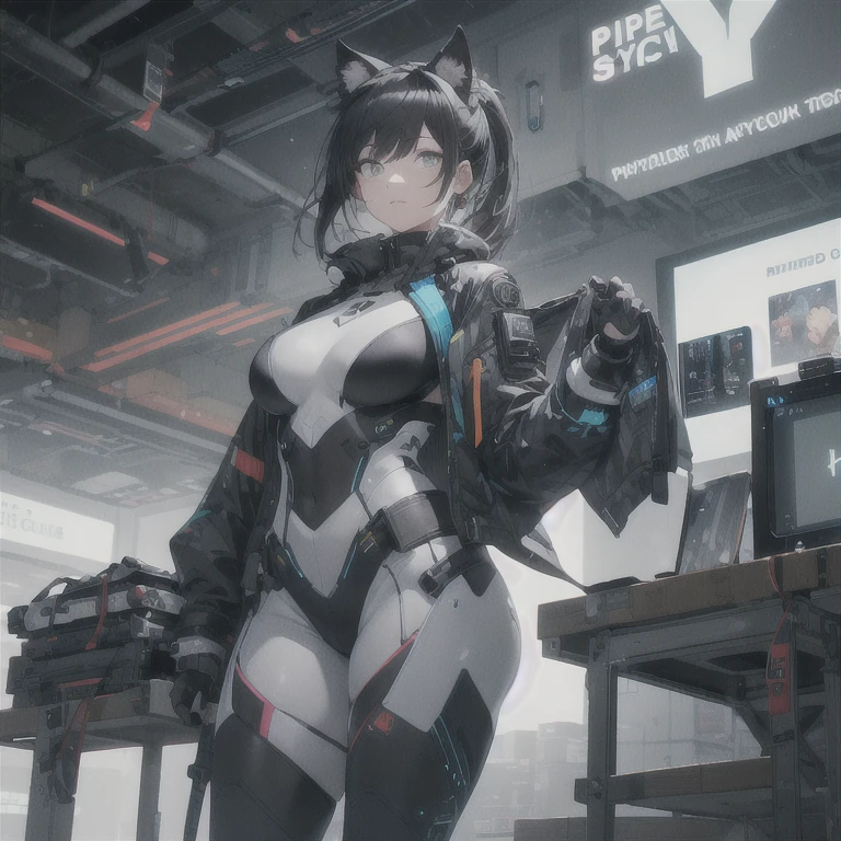 Absurd resolution, high resolution, (masterpiece: 1.4), hyper-detail, fullbody image, solo, 1 kemono feline cat woman, black hair, messy ponytail, cute face, detailed soft grey eyes, extremely large bust, huge hyper super breasts, wide full hips, narrower torso, smaller torso, full thicc soft thighs, rounded full soft butt, monochrome black and grey fullbody covering protective padding pilot rugged utility suit with white accents and chest, scifi padded high collar techwear jacket with white and black triangular decals and techwear iconography, techwear gloves, lower arm mounted display scifi tablet/communication device/computer, rugged tablet display mounted on MOLLE strap on top of her bust, fitted utility pants, near future scifi, cyberpunk aesthetic, anime aesthetic