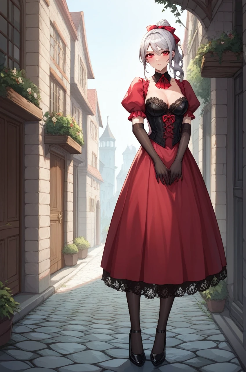 Shalltear Bloodfallen, the royal beauty, stands poised in the shadows of a medieval city's cobblestone streets, her silver hair styled in a ponytail, framing her luminous features. Her bright red eyes gleam like rubies amidst the dark canvas, as she dons an evening dress of black silk and lace, its gothic skirt fluttering in the faint breeze. A ribbon adorned with intricate lace wraps around her torso, securing a medium-short jacket that accentuates her curves. Long lace gloves cover her arms, leaving little to the imagination, while her generous D-cup breasts seem to defy gravity beneath the flowing fabric. The bloody moon casts a crimson glow over the scene, casting long shadows and bathing Shalltear in an otherworldly light.