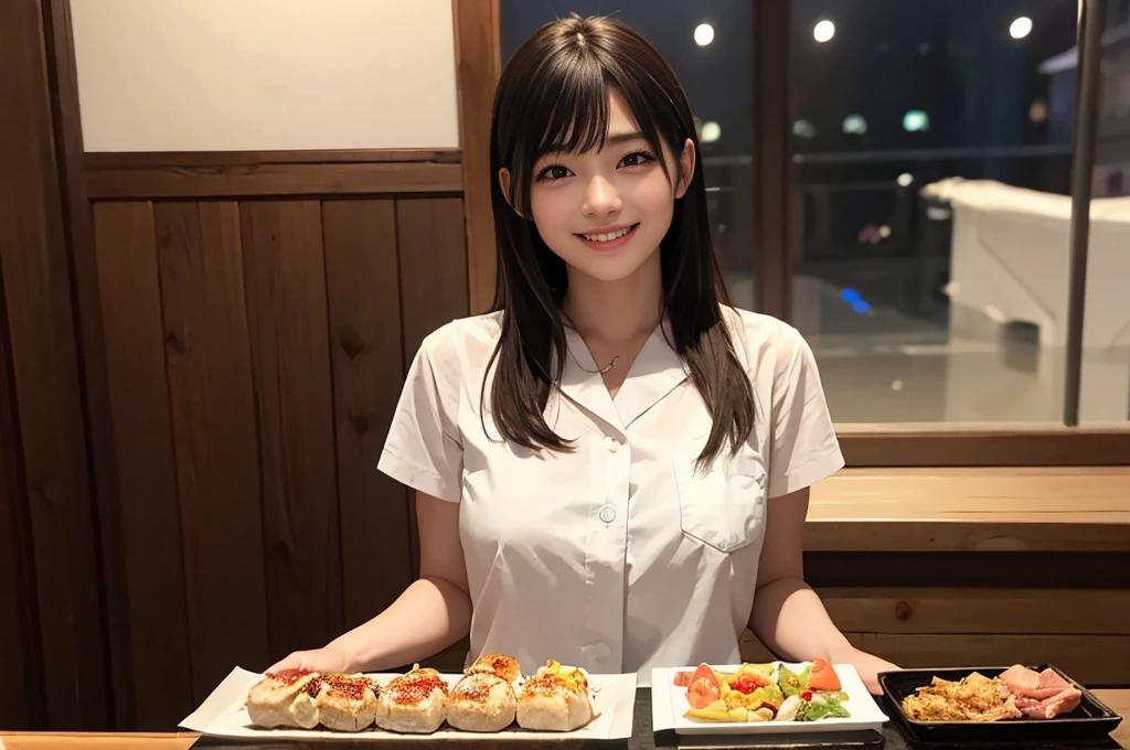 Photorealistic、Highest quality、Highest Resolution、Highest quality、8K、Beautiful woman、whole body、美味しそうな焼meatを焼いている、meat、smile、Smile、looks fun、sake、