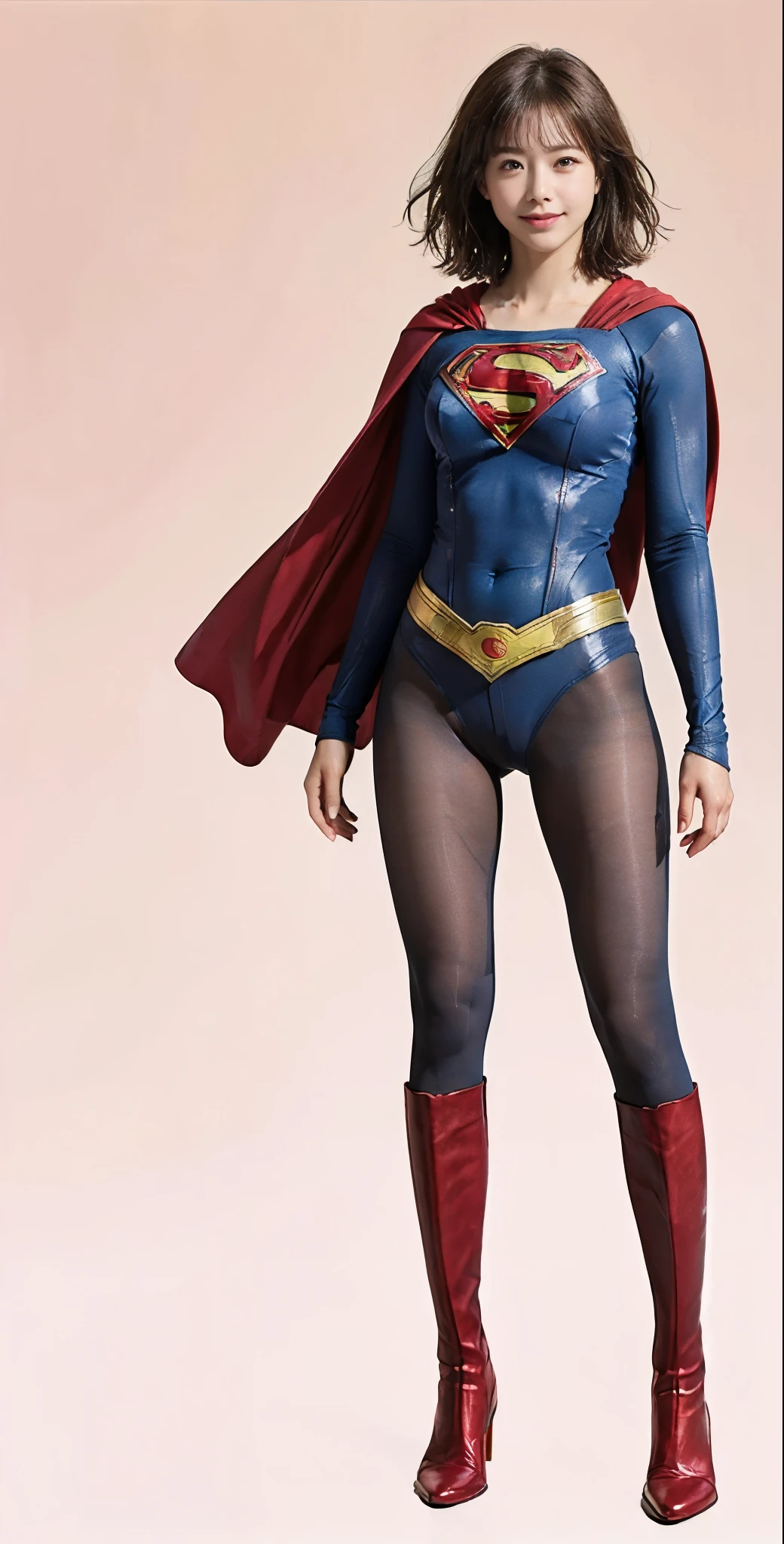 No background、(((Beautiful legs in black tights.)))、(((Legally express the beauty of your smile)))、((((Make the most of your original images)))、(((Supergirl Costume)))、(((Beautiful very short hair)))、(((suffering)))、(((Please wear black tights....、Wear red boots)))、((Best image quality、8K))、((Highest quality、8K、masterpiece:1.3))、(((Preserve background )))、Sharp focus:1.2、Beautiful woman with perfect figure:1.4、Slim Abs:1.2、Wet body:1.5、Highly detailed face and skin texture、8K