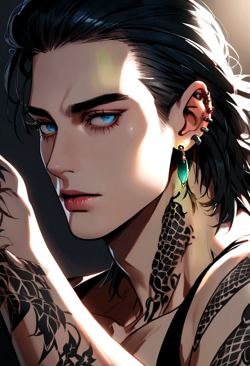 There's a woman with tattoos on her arm and a tattoo on her arm, handsome guy in demon slayer art, cute androgynous prince, delicate androgynous prince, highly detailed exquisite fanart, detailed fanart, tall anime guy with blue eyes, anime portrait of a handsome man, Awesome anime face portrait, no art style by bowater