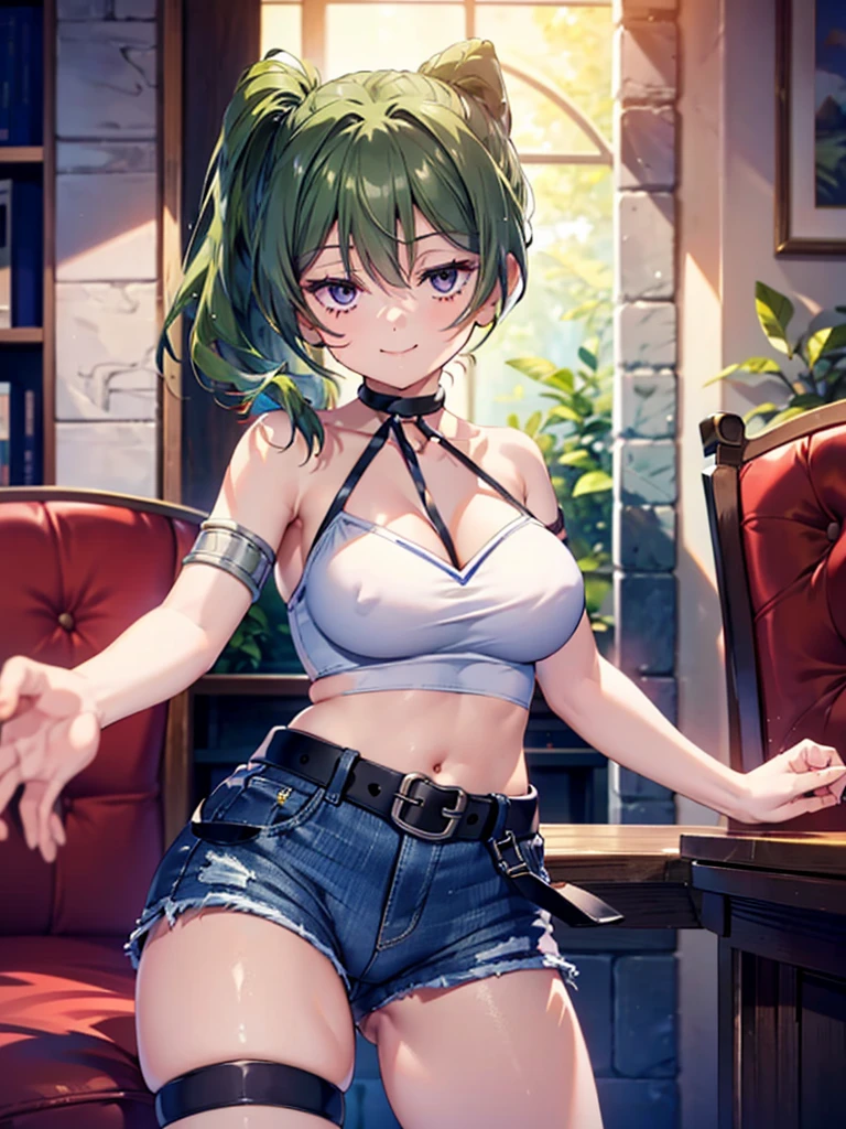 (8K, Highest quality, Highest quality, masterpiece), ubel, 1girl, long hair, side ponytail, cleavage, belt, arm strap, single elbow glove, thigh strap, smile, denim hot shorts, mini shorts, big breasts, (cameltoe, cameltoe view)