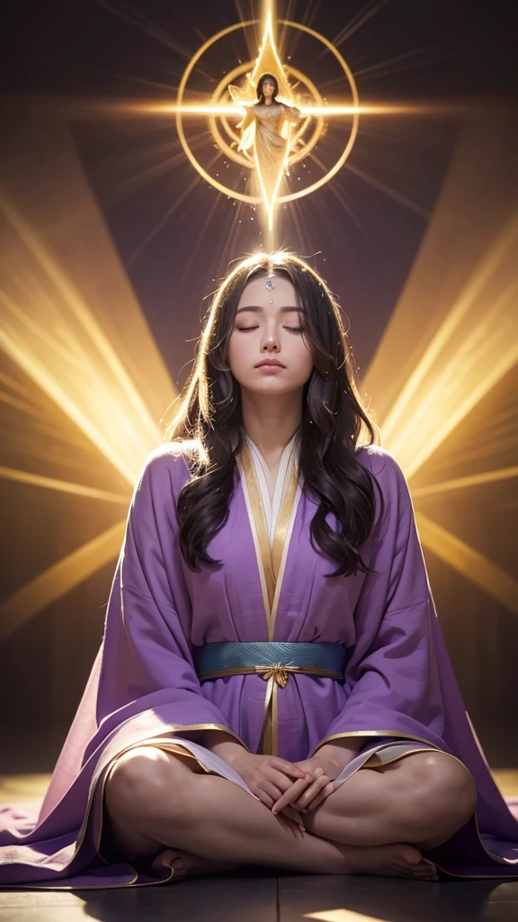 A mystical scene of a person bathed in divine light. A figure with long, wavy hair sits cross-legged in meditation, wearing a flowing purple robe. Their back is to the viewer. Above them, a brilliant, radiant light source emanates beams of golden and rainbow-hued light. The light forms a circular aura, with rays stretching down to envelop the person. The background is dark, enhancing the contrast with the luminous apparition. The overall atmosphere is one of spiritual awakening, transcendence, and connection to a higher power.