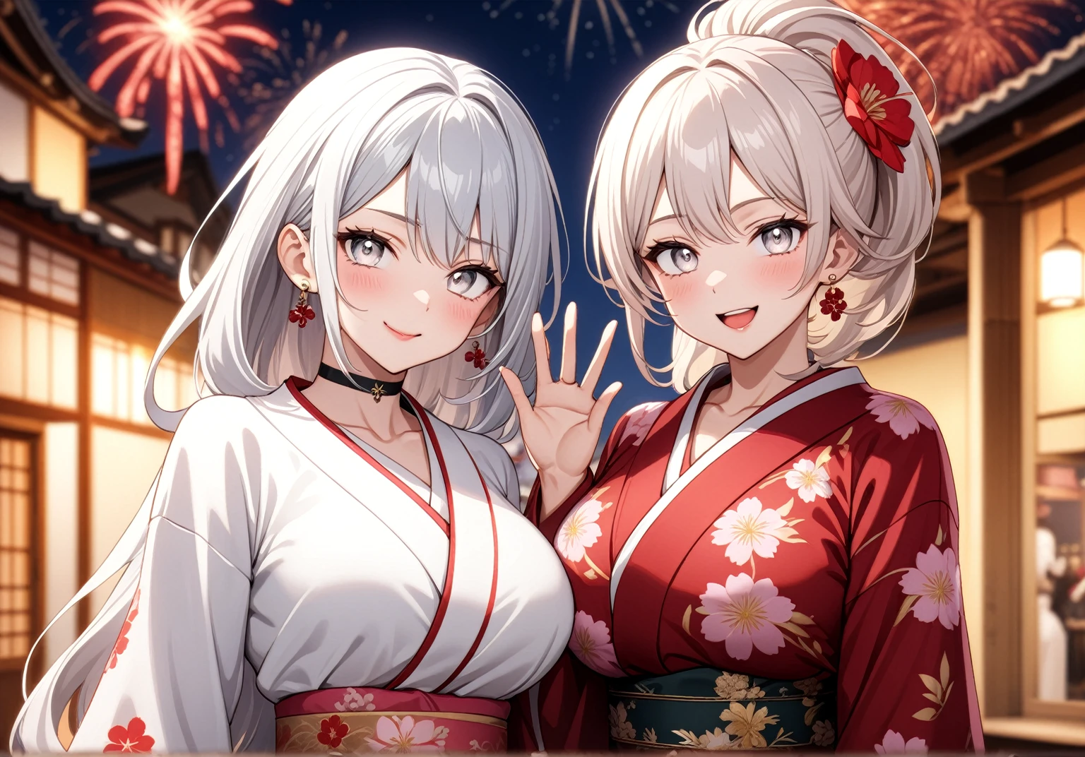 ((Two Women)), Beautiful Face, (Laughing embarrassedly), ((Wink:1.8)), ((waving at viewer:1.3), Laugh with your mouth wide open,((Bright red cheeks:1.4)),Shiny red lips, night,横浜のnight景,You can see the ocean, firework,,Glossy pink lips,Facial lighting,((Anime style background)),masterpiece, Highest quality, so beautiful,up to date, Complex details, (4fingers and 1thumbs), (Pink long nails), (ring),(bracelet),(choker),AI-generated, Complex,High resolution, Highest quality, super high quality,3D Images、3D Images,One person,Long white hair,Blonde Hair, High Ponytail,(blue eyes),Anime woman posing for a photo, ((Fine grain、Silvery white eyes、Shining Eyes:1.4)),(Squint your eyes:1.1),a hyperRealistic , hyperRealistic , Realistic,Anime woman with long white hair, Smooth anime CG art, A woman in a colorful kimono with gold embroidery, (Black long sleeve kimono),(Pink long sleeve kimono), Red floral pattern,Long flower hair ornament,Earrings,Mature Body,(Big Breasts:1.1),Tall,Abdominal muscles,Narrow waist, ((front view)),