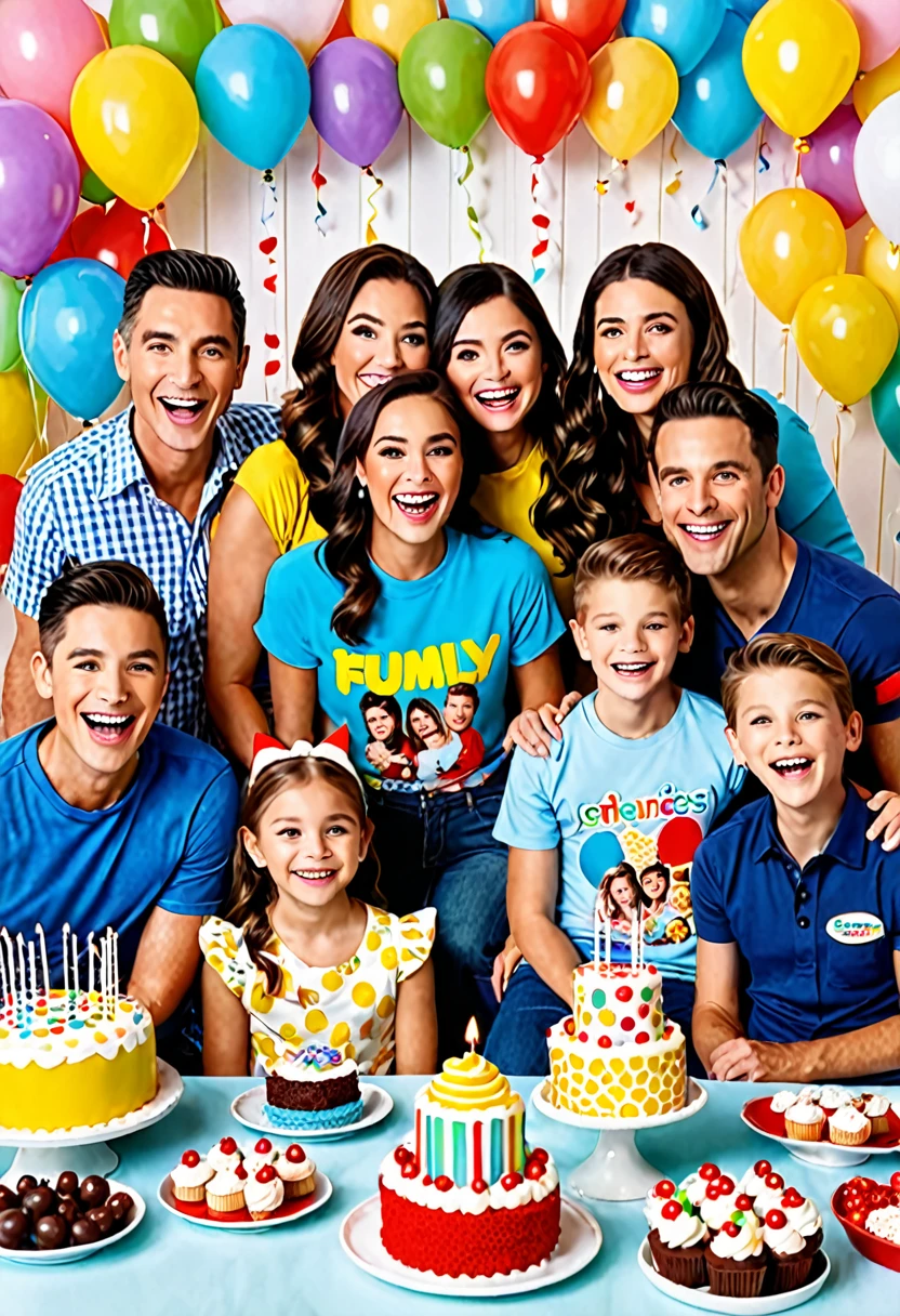 create a beautiful scene, Television commercial, cover of a magazine, reunited family, June themed birthday party, lots of sweets, written shirt "@LARCH DOCES", everyone very happy
