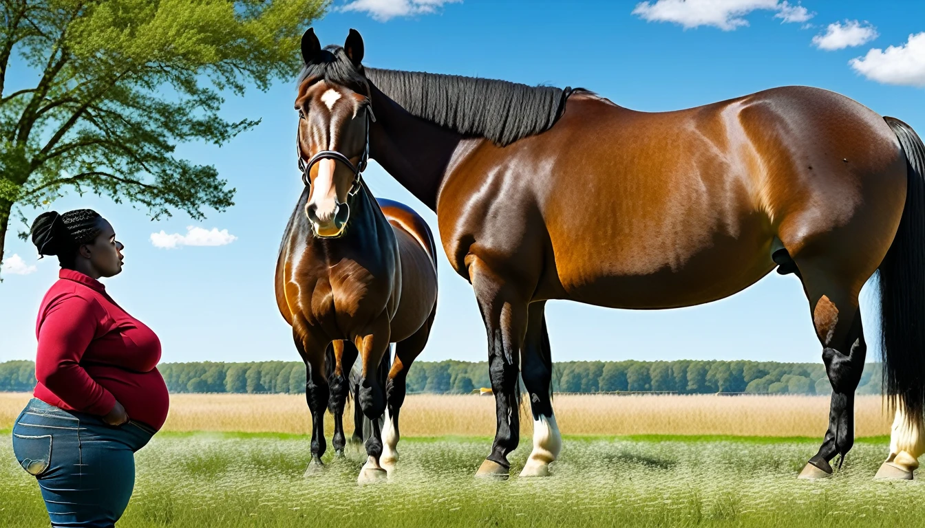 a nude BBW very full figured very black skinned nude African woman standing by the rear of two big shire draft horse mares (side view). big bum. very short tail. horse facing horizon . flat grass meadow. steaming horse dung being excreted from horse bum. cloudless blue sky., black hair, short ponytail, dilated pupils, smelling horse bum, open mouth, high detail, depth of field, UHD, masterpiece, anatomically correct, accurate, super detail, highres, 16k meadow.  cloudless blue sky. both horses  and woman in complete full view