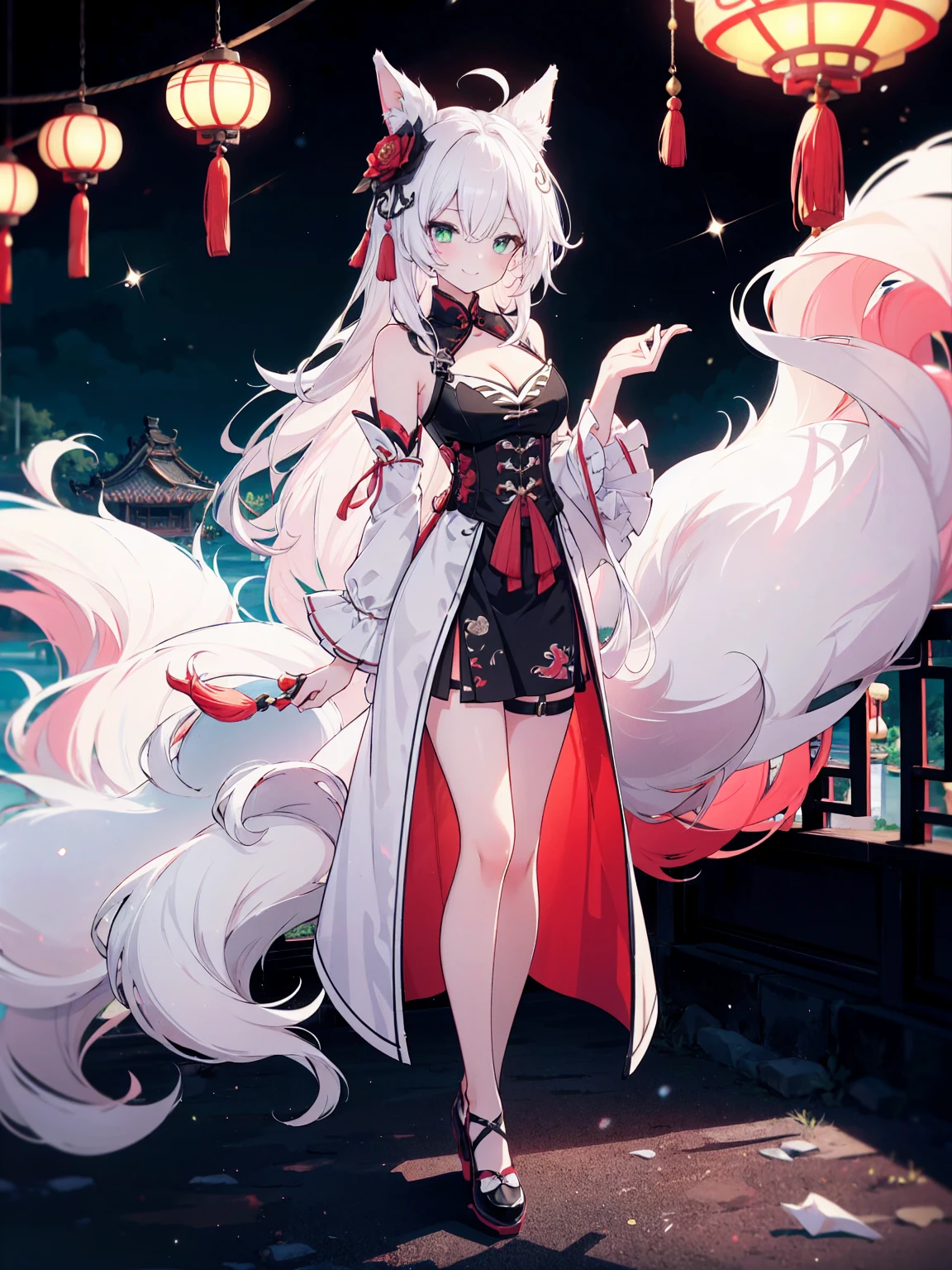 (full-body shot), (colorful:1.1), glowing, (ultra-high resolution, depth of field:1.2), (Tingyun), (Honkai Star Rail:1.1), solo, fox ears, four fox tails, fluffy tails, green eyes, red underliner, (white hair), long white hair with a hint of pink, medium breasts, (long black dress with a waist cincher), crossed collar shirt, cleavage, bare legs, smile, (squinting), Chinese garden scenery