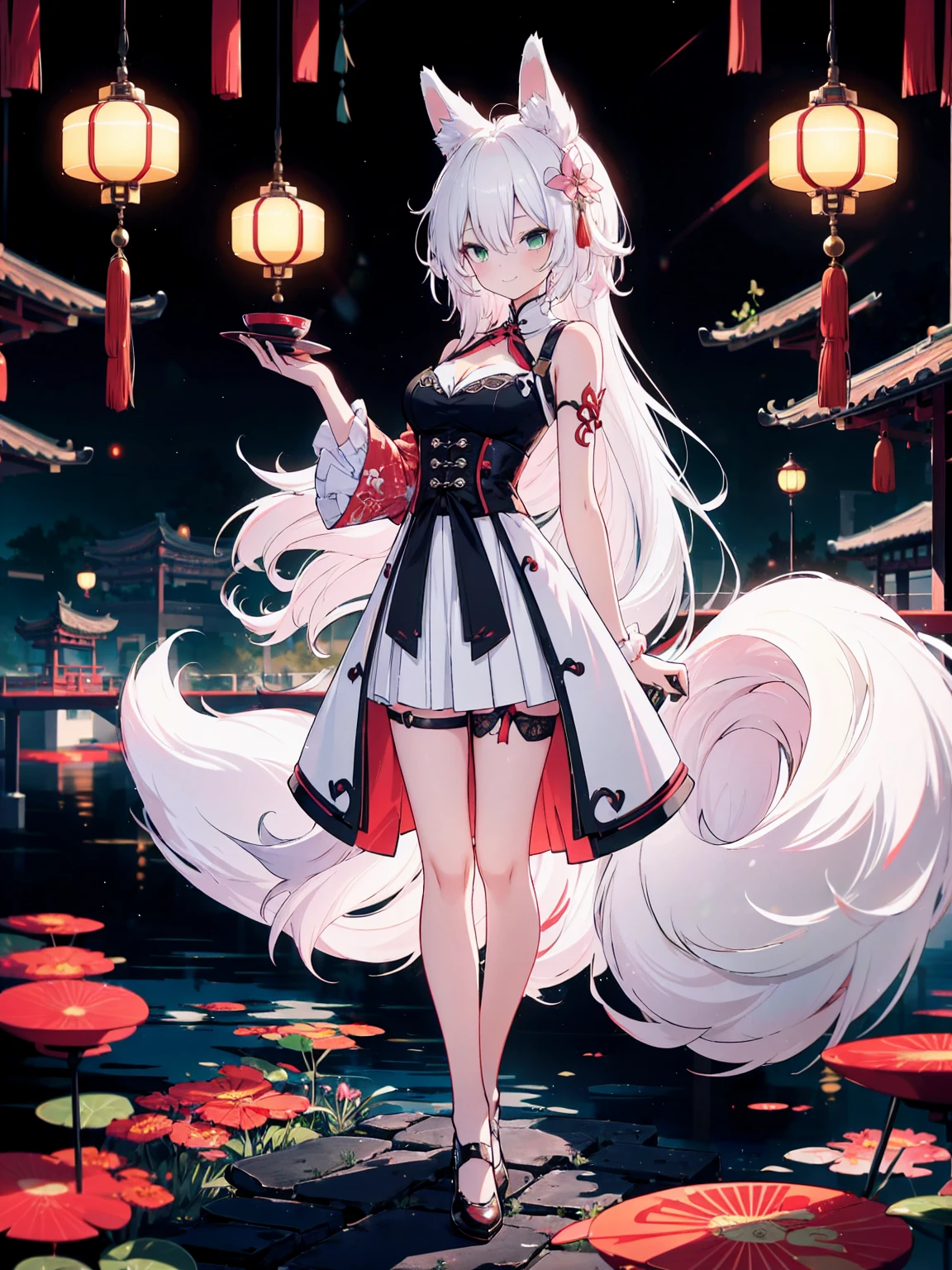 (full-body shot), (colorful:1.1), glowing, (ultra-high resolution, depth of field:1.2), (Tingyun), (Honkai Star Rail:1.1), solo, fox ears, four fox tails, fluffy tails, green eyes, red underliner, (white hair), long white hair with a hint of pink, medium breasts, (long black dress with a waist cincher), crossed collar shirt, cleavage, bare legs, smile, (squinting), Chinese garden scenery