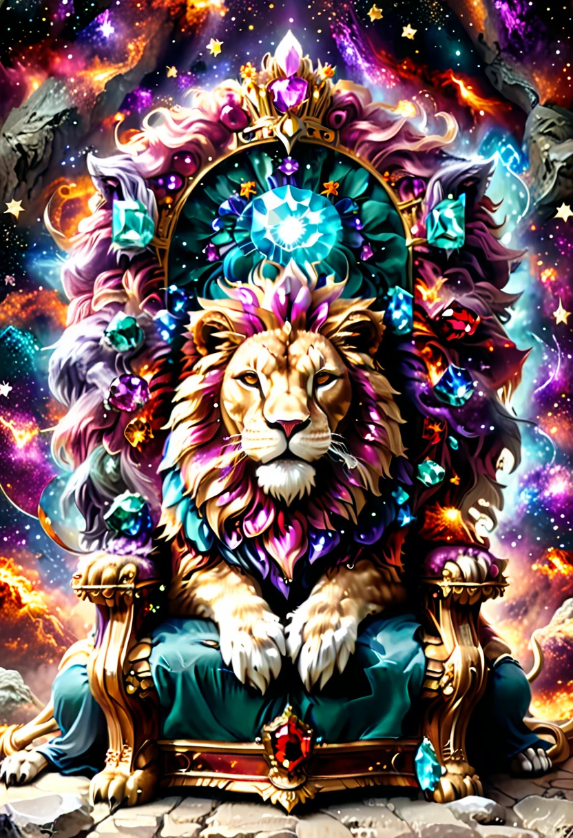 a picture of a massive epic throne, it has purple silk cushions, rubies, topaz, aquamarine gemstones, there is an epic lion resting at the base of the throne , behind the throne there are stars and nebulas of space a sense of high royalty, nobility and magic , RagingNebula, aetherpunkai, ral-ntrgmstn