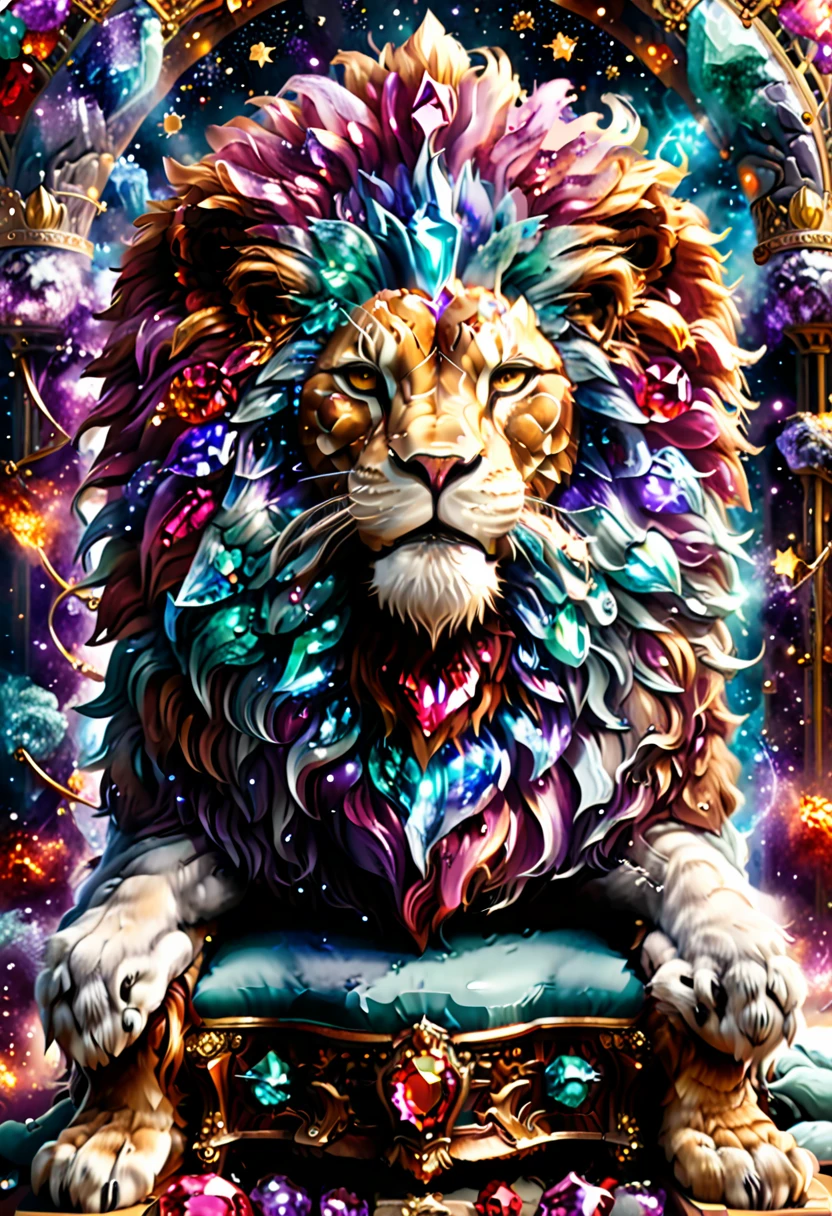 a picture of a massive epic throne, it has purple silk cushions, rubies, topaz, aquamarine gemstones, there is an epic lion resting at the base of the throne , behind the throne there are stars and nebulas of space a sense of high royalty, nobility and magic , RagingNebula, aetherpunkai, ral-ntrgmstn
