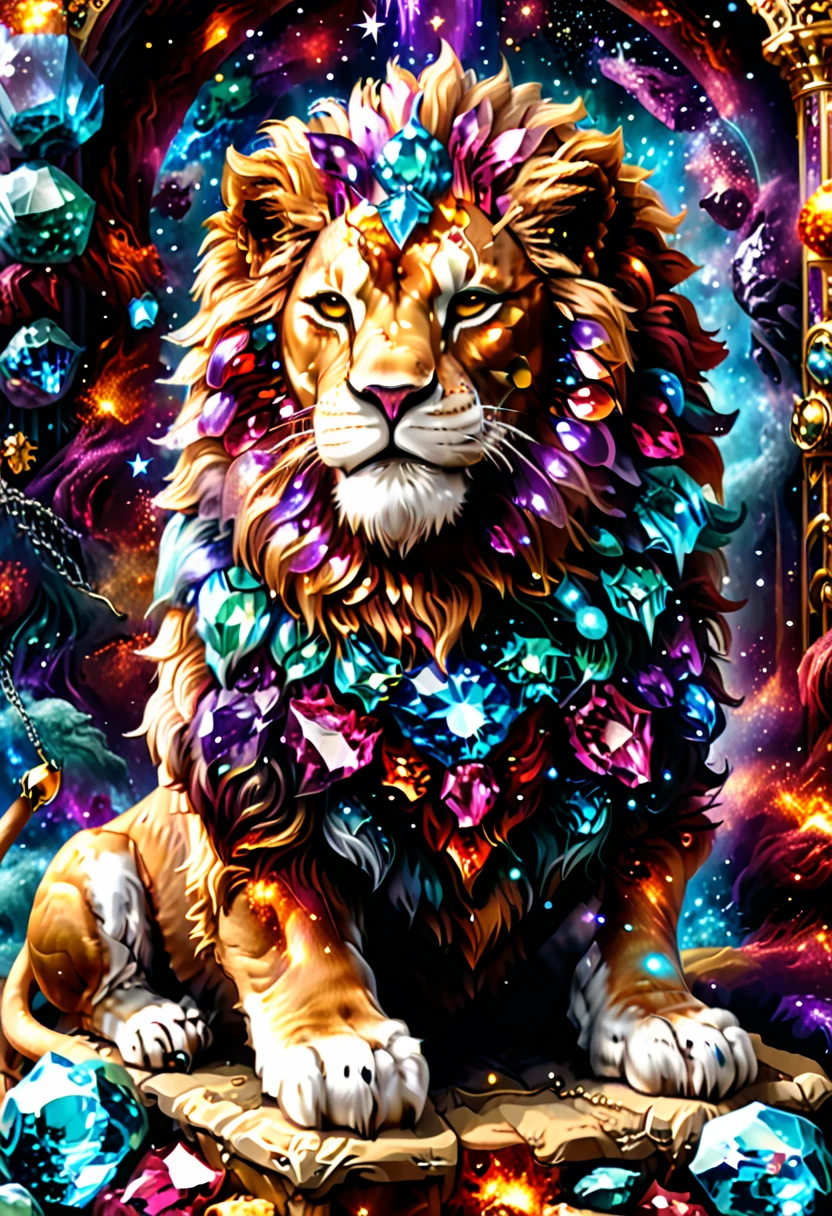 a picture of a massive epic throne, it has purple silk cushions, rubies, topaz, aquamarine gemstones, there is an epic lion resting at the base of the throne , behind the throne there are stars and nebulas of space a sense of high royalty, nobility and magic , RagingNebula, aetherpunkai, ral-ntrgmstn