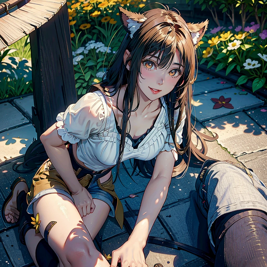 Girl with dog ears and tail, erect ears, honey yellow eyes, Highly detailed eyes, long hair and(( White)) with a small braid on the sides, denim shorts, translucent blouse, whole body, looking up, open mouth smile, big chest, beautiful body, detailed face y con amplia gama de gestos, sitting on a bench around a garden with flowers of various colors, detailed background, detailed face, Play of light and shadows, cinematographic, high quality, 8k, Masterpiece,