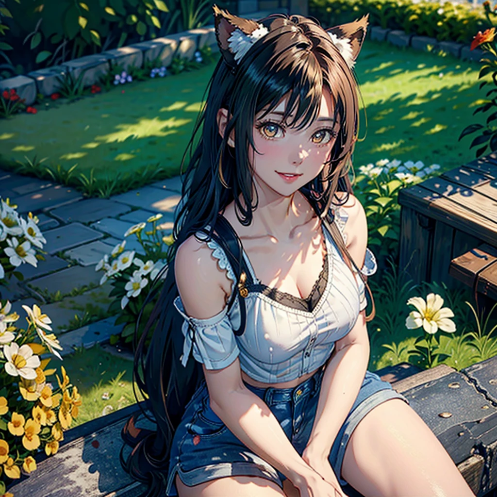Girl with dog ears and tail, erect ears, honey yellow eyes, Highly detailed eyes, long hair and(( White)) with a small braid on the sides, denim shorts, translucent blouse, whole body, looking up, open mouth smile, big chest, beautiful body, detailed face y con amplia gama de gestos, sitting on a bench around a garden with flowers of various colors, detailed background, detailed face, Play of light and shadows, cinematographic, high quality, 8k, Masterpiece,