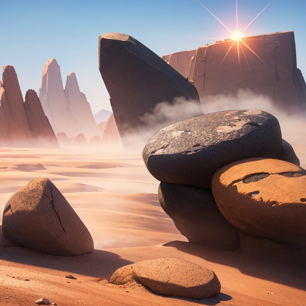 ((((No humans))))、land, rocky, Uneven, rough, irregular, warm, Dusty, detailed, inattention, warm, Dazzling sunlight, blue sky, high quality, 8K