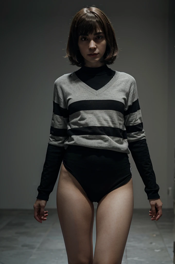 A girl standing in an abandoned hospital at night,Black two-piece swimsuit,string,18-year-old,bangs,Laugh a little,Thighs,and,knees,Shortcuts,short hair,From below、Round and jiggling ass、cute、Track and field uniforms、Black gymnastics bloomers、High leg