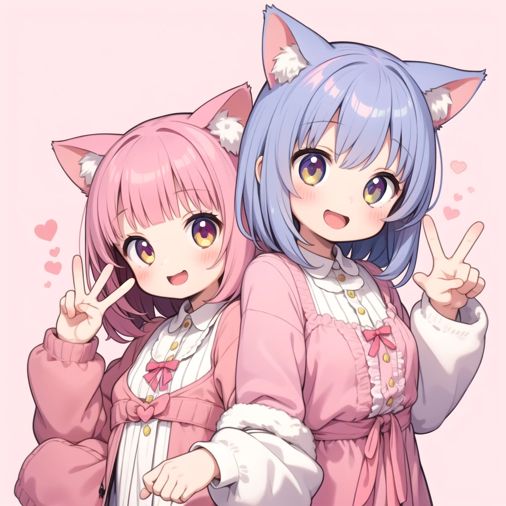 One girl,Cat girl,Animal ears,Laughter,peace sign,A cute pink background reminiscent of strawberries,