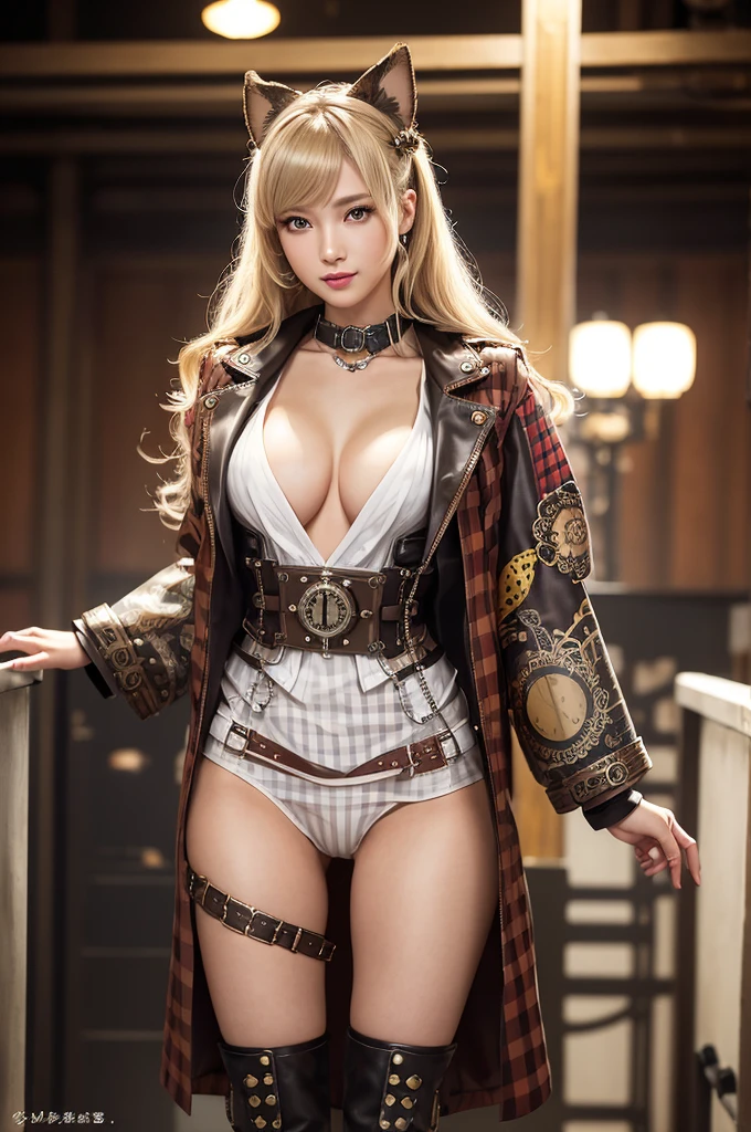 Woman portrait、Highest quality、Rear view、8K, clear, Fine skin、Clear, beautiful eyes、Cleavage、The beauty of a smile、whole body,Curly Hair、My hair was messed up by the wind、(Glamorous Muscle、tall),(Hip_superior, Hip superior), Beauty,( Watching the audience),Realistic, High resolution, Soft Light,1 female, One person,blonde hair,Long Hair,Fine Skin, Naughty look,((Steampunk kimono,gyaru)),Steampunk style girl、Costumes decorated with lots of gear and watches,(White, brown, silver, red and dark brown checkered stripes,Sailor-style armor with Burberry check collar)、Beautiful Steampunk Guild Staff Costume Banker Uniform,(White, brown, silver, red and dark brown checked steampunk jacket, High-tech Mecha,wrist cuffs,fake animal ear、High leg)、((arms behind back)),(bokeh),(studio lighting)