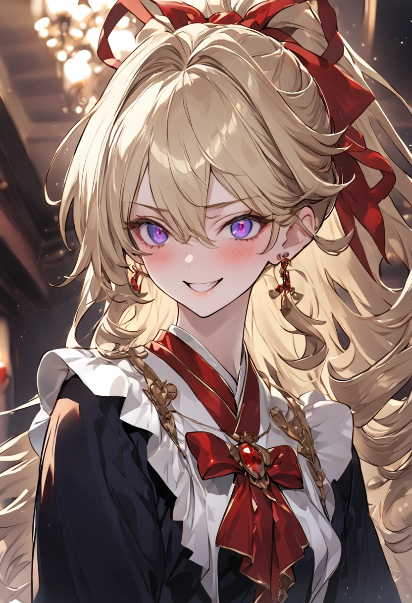 masterpiece, best quality, ultra-detailed, illustration, beautiful detailed eyes, kusakabe maron, kaitou jeanne, long hair, evil smile, black cloth, purple eyes, blonde hair, bow, ribbon, hair ribbon, ponytail, earrings, red ribbon, red bow, drill hair, high ponytail, beautiful art, high res, perfect face, detailed outfit,