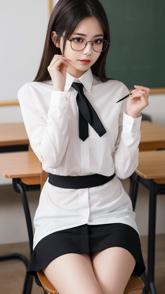 female teacher、Glasses、Sitting in a chair、White blouse、
Black Mini Skirt、garter belt