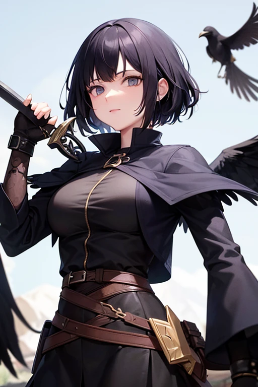 woman,Holding a sword,Black ,Crow feathers growing,In the blue sky