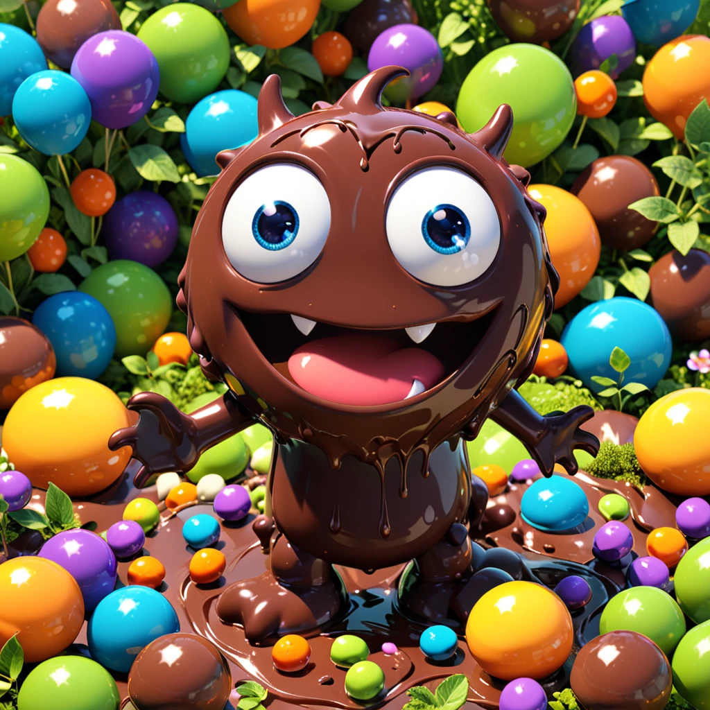 Chocolate Monster
A cute chocolate monster with big eyes and a melting body, happily standing in a garden of sweets. The cartoon character is designed in the style of Pixar animation studio, created using C4D software. It has a delicious brown color scheme and showcases a playful expression through a speech bubble. This vibrant scene adds humor to your mobile phone wallpaper. --ar 1:1 --v 6.0 --3D render