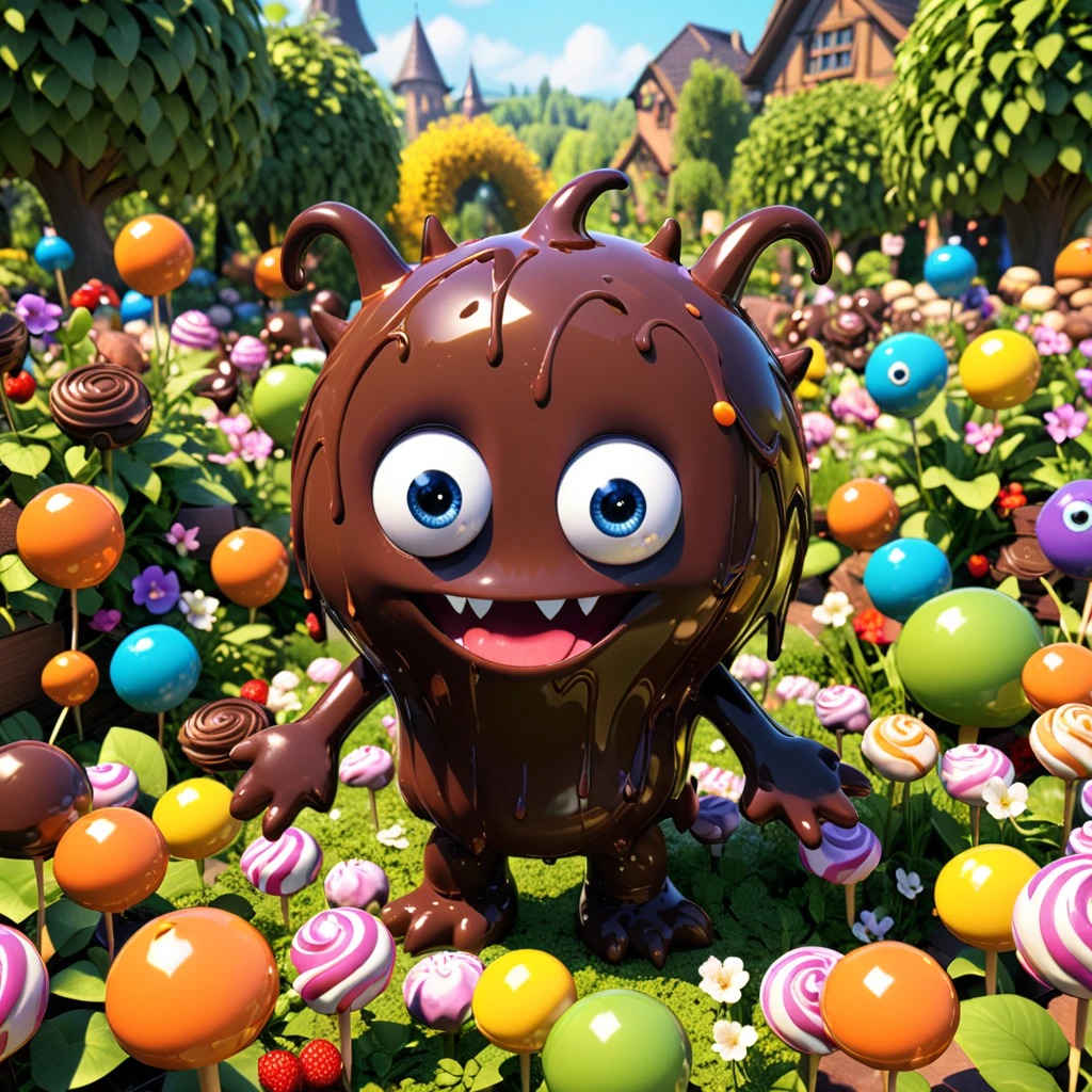 Chocolate Monster
A cute chocolate monster with big eyes and a melting body, happily standing in a garden of sweets. The cartoon character is designed in the style of Pixar animation studio, created using C4D software. It has a delicious brown color scheme and showcases a playful expression through a speech bubble. This vibrant scene adds humor to your mobile phone wallpaper. --ar 1:1 --v 6.0 --3D render