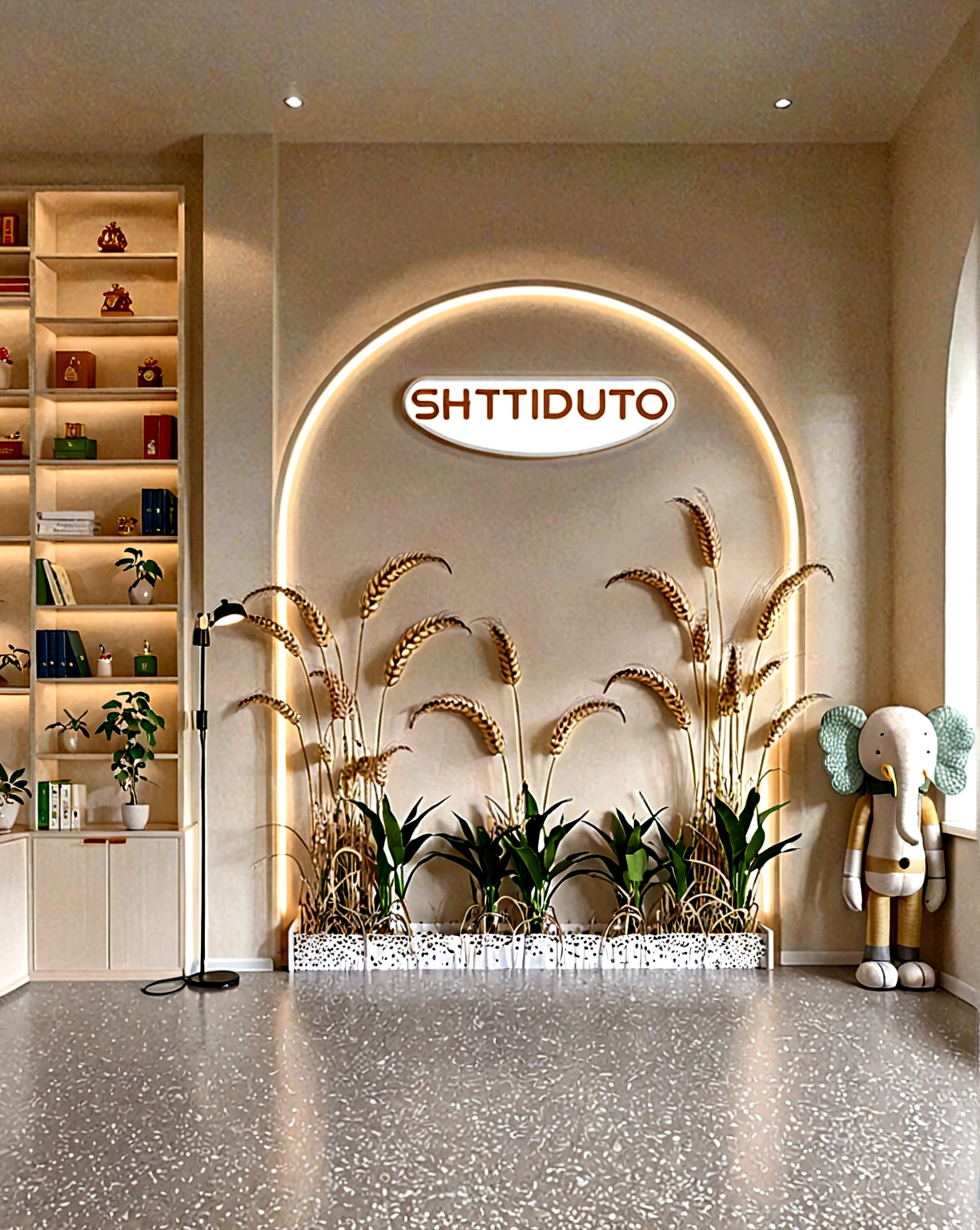 Create a stylish and simple living room,There is an arch-shaped decorative light surround on the white wall,There are golden ears of wheat inside,There is a banana tree on the right.,There are 6 shelves on the left side,There is perfume on the shelf,Potted plants,Night Light。The room should combine the texture of plasterboard and wallpaper,To present a stylish and exquisite appearance,Bright lights in the room,Soft light, Make the space feel open and bright. Incorporate simple decorative elements,Enhance modern aesthetic.Front view,Head-up,Real Effects,Photography,8K,Super Detail,High-definition photography
