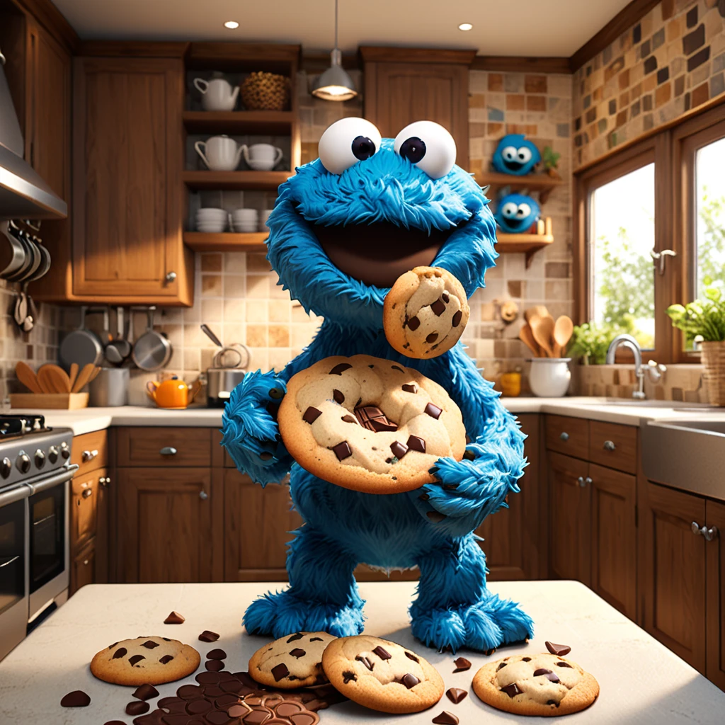 Cookie Monster
A cute cookie monster with big eyes and a crumbly texture, smiling in a whimsical kitchen. The cartoon character is designed in the style of Pixar animation studio, created using C4D software. It has a warm brown color scheme with chocolate chips and showcases a joyful expression through a speech bubble. This delightful scene adds charm to your mobile phone wallpaper. --ar 1:1 --v 6.0 --3D render