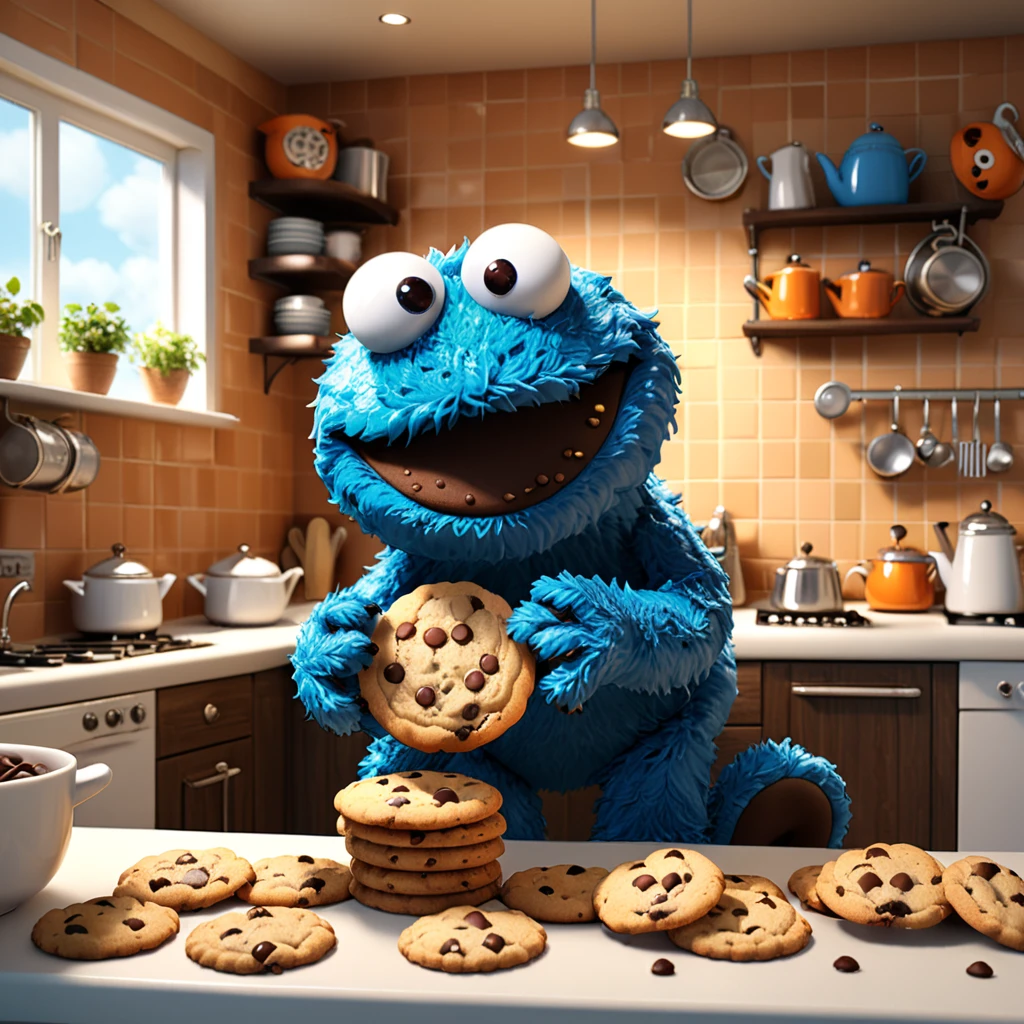 Cookie Monster
A cute cookie monster with big eyes and a crumbly texture, smiling in a whimsical kitchen. The cartoon character is designed in the style of Pixar animation studio, created using C4D software. It has a warm brown color scheme with chocolate chips and showcases a joyful expression through a speech bubble. This delightful scene adds charm to your mobile phone wallpaper. --ar 1:1 --v 6.0 --3D render