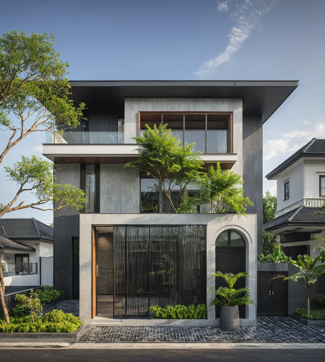 modern villa on street, (daylight), tropical tree, (slope roof, black tiled roof:1.2), vivid color, streetcapes, nice sky, grey tone, large glass door, warm interior lighting, modern material, best quality, ultra realistic, masterpiece, 17ArchiAI_XL_VL-v1