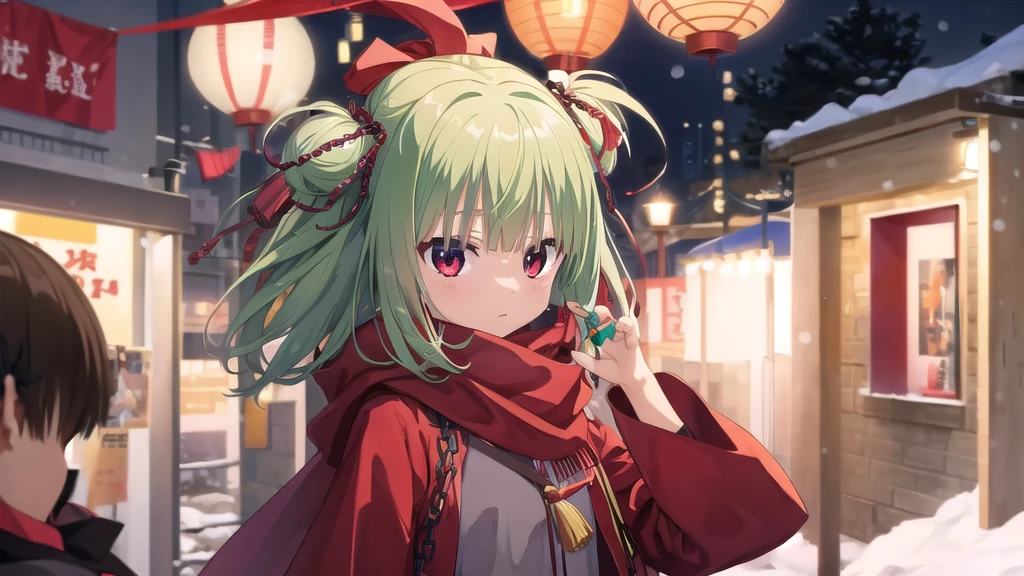 ((masterpiece)),(best quality),Official Art,Extremely detailed CG,Unity 8K wallpaper,Very detailed,Beautiful and delicate eyes,Extremely detailed face,1 girl,solitary,,(whole body:1.5),(small:1.3),,,Murasame,Very long hair,Green Hair,Face Up,Purple bow,hairpin,Side chains,Bangs,Red Eyes,Neck strap,Red belt，((masterpiece)),(best quality),winter，Snowflakes fell in the sky，Light up the lights，Have a prosperous New Year，Spring Festival，Wearing a long red scarf，Red coat，Walking in the street，Celebrate in a warm atmosphere，Time magazine cover
