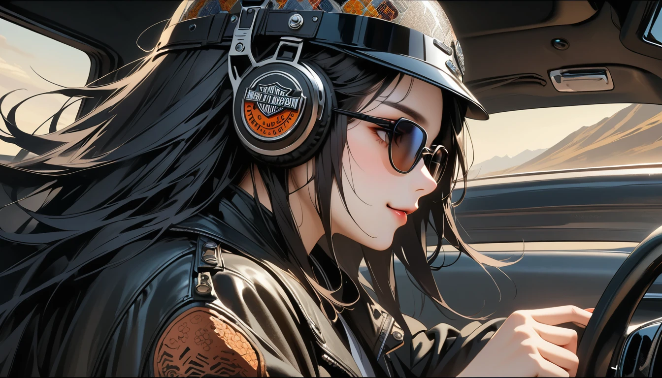 ((8k of extremely detailed CG unit, Masterpiece, high resolution, highest quality, highest quality real texture skin)), (((profile))), (((Japanese pattern leather jacket))), (((Harley-Davidson))), (((Japanese style headphones))), (((sunglasses))), (((Smiling while driving))), (((Japanese patterned helmet))), ((1 girl)), (Black hair, messy hair, beige skin), (surreal, digital painting)