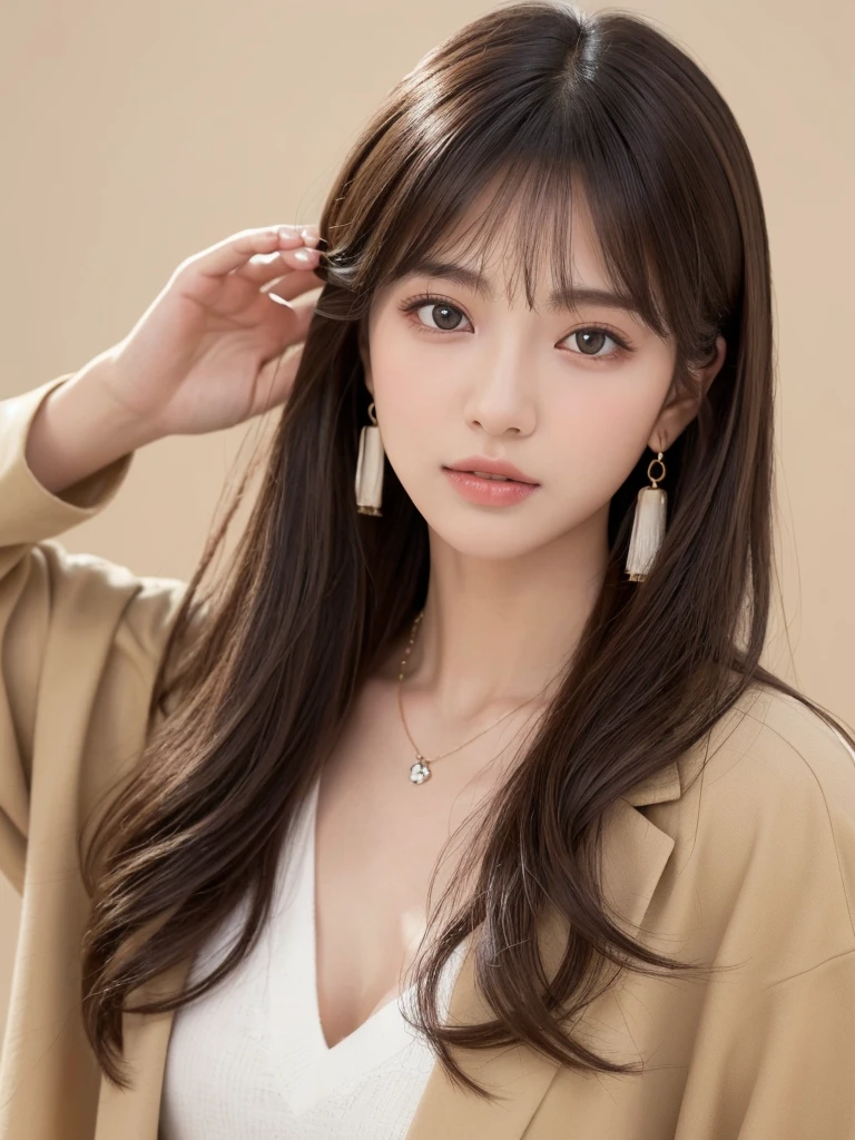  ((Highest quality, 8K, masterpiece:1.3)), concentrate: 1.2, Perfect body beauty: 1.4, Hips: 1.2, ((Long Hair, chest: 1.2)), (Dry clothes: 1.1) , (clear, Simple Background:1.3), Simple clothes: 1.1, Highly detailed face and skin texture,Delicate eyes, double eyelid, Whitened skin, Rough skin、Long Hair、Earrings with bangs、necklace、 solo、Beige coat、White shirt,  (((Beautiful girl with cute Japan)))、  ((Beautiful Japanese girl 20 years old))、 ((Baby Face))、 (((Slender body)))、  Upper Body，Face focus、necklace，Simple Background，From above， Realistic Hair、 A photograph was taken:Canon EOS R6、135mm、1/1250 seconds、f2.8、ISO400、(Detailed explanation of the hand)、(Masseter muscle area)、(Exquisite CG)、Long Hair, loose and curly hair、Korean Hair、Long Hair明るいベージュ色、グラデーションハイライトグレージュのゆるふわLong Hairスタイル、