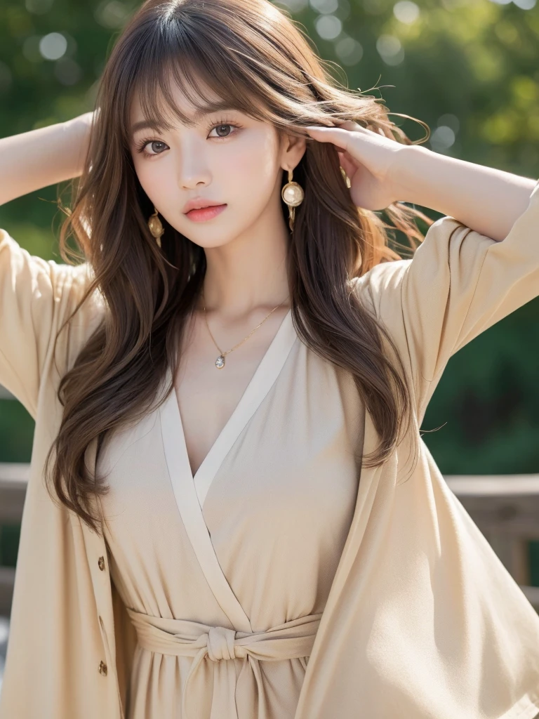 ((Highest quality, 8K, masterpiece:1.3)), concentrate: 1.2, Perfect body beauty: 1.4, Hips: 1.2, ((Long Hair, chest: 1.2)), (Dry clothes: 1.1) , (clear, Simple Background:1.3), Simple clothes: 1.1, Highly detailed face and skin texture,Delicate eyes, double eyelid, Whitened skin, Rough skin、Long Hair、Earrings with bangs、necklace、 solo、Beige coat、White shirt, (((Beautiful girl with cute Japan)))、 ((Beautiful Japanese girl 20 years old))、 ((Baby Face))、 (((Slender body)))、 Upper Body,Face focus、necklace,Simple Background,From above, Realistic Hair、 A photograph was taken:Canon EOS R6、135mm、1/1250 seconds、f2.8、ISO400、(Detailed explanation of the hand)、(Masseter muscle area)、(Exquisite CG)、Long Hair, loose and curly hair、Korean Hair、Long Hair明るいベージュ色、グラデーションハイライトグレージュのゆるふわLong Hairスタイル、