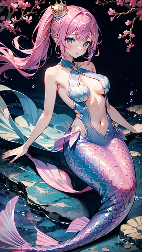 Mermaid,Mermaid,Mermaid女孩,Mermaid尾巴,Bodysuit style,Scale style,Underwater background,Underwater background,Seabed background,Coral shells background,Background in sea water,Pink and purple的鳞片,Pink hue,fin,身上长着fin,Girl with fish tail,Pink and purple,Powder blue scales,cute,cute,cute,crown