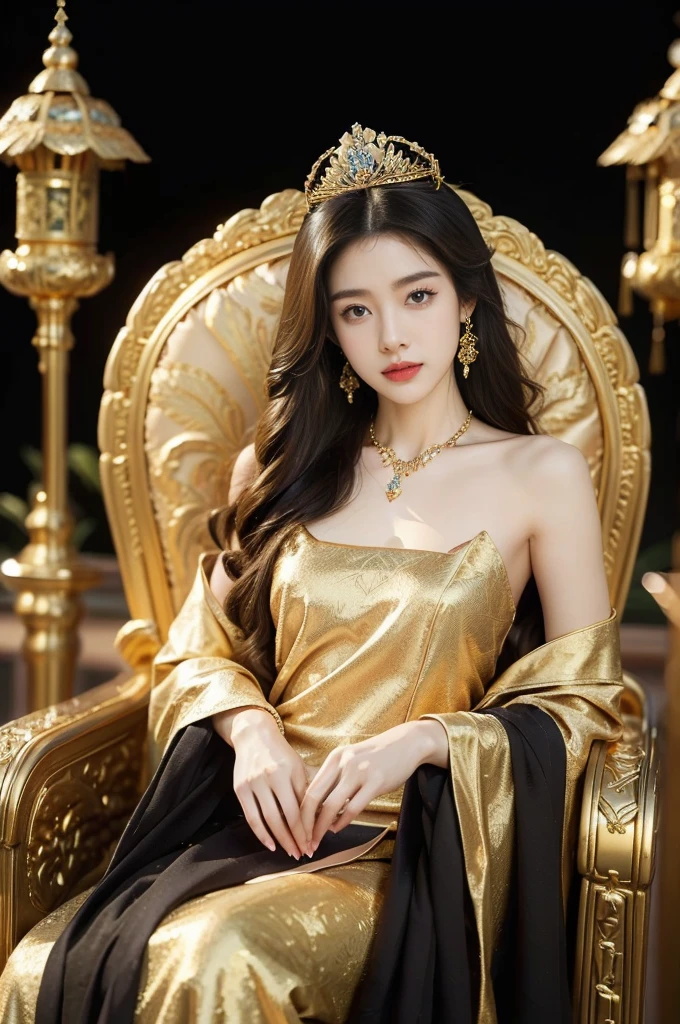 (((best quality))),(((ultra detailed))),(((masterpiece))),illustration,1 girl,solo,slim,thin,shoulder length straight bob hair,earrings,necklace,small breasts,flat chest,Asian appearance,princess,royal,Chinese palace,night scene,magnificent dragon gown,golden crown,intricate embroidery,luxurious fabric,precious stones,(sitting on the metallic throne:1.3),decorative patterns,rich decorations,luxurious furnishings,regal charm,beautiful face,gentle smile,bright eyes,historical,traditional,city lights,modernity,frozen moment,beauty of the past,evolution of time,from front,upper body,