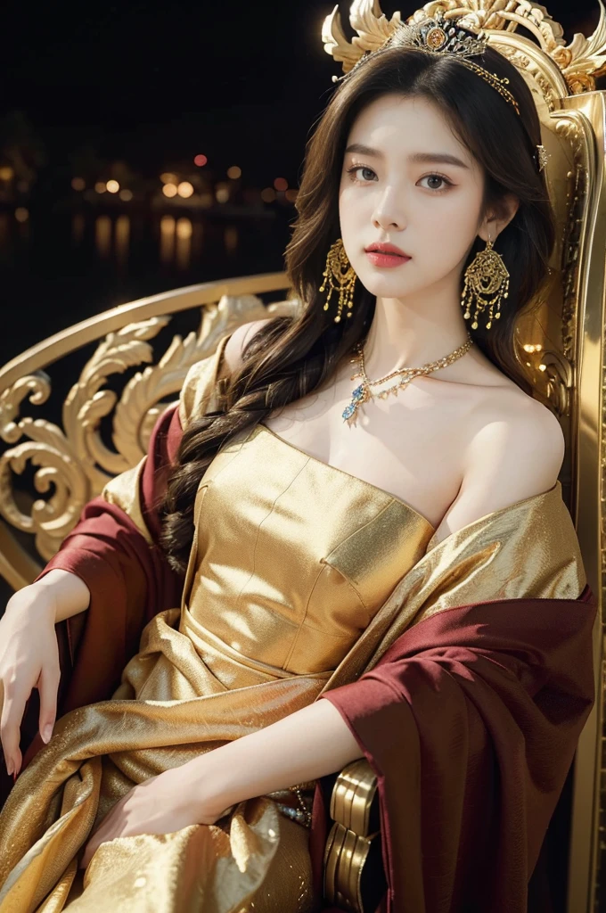 (((best quality))),(((ultra detailed))),(((masterpiece))),illustration,1 girl,solo,slim,thin,shoulder length straight bob hair,earrings,necklace,small breasts,flat chest,Asian appearance,princess,royal,Chinese palace,night scene,magnificent dragon gown,golden crown,intricate embroidery,luxurious fabric,precious stones,(sitting on the metallic throne:1.3),decorative patterns,rich decorations,luxurious furnishings,regal charm,beautiful face,gentle smile,bright eyes,historical,traditional,city lights,modernity,frozen moment,beauty of the past,evolution of time,from front,upper body,hands on thighs