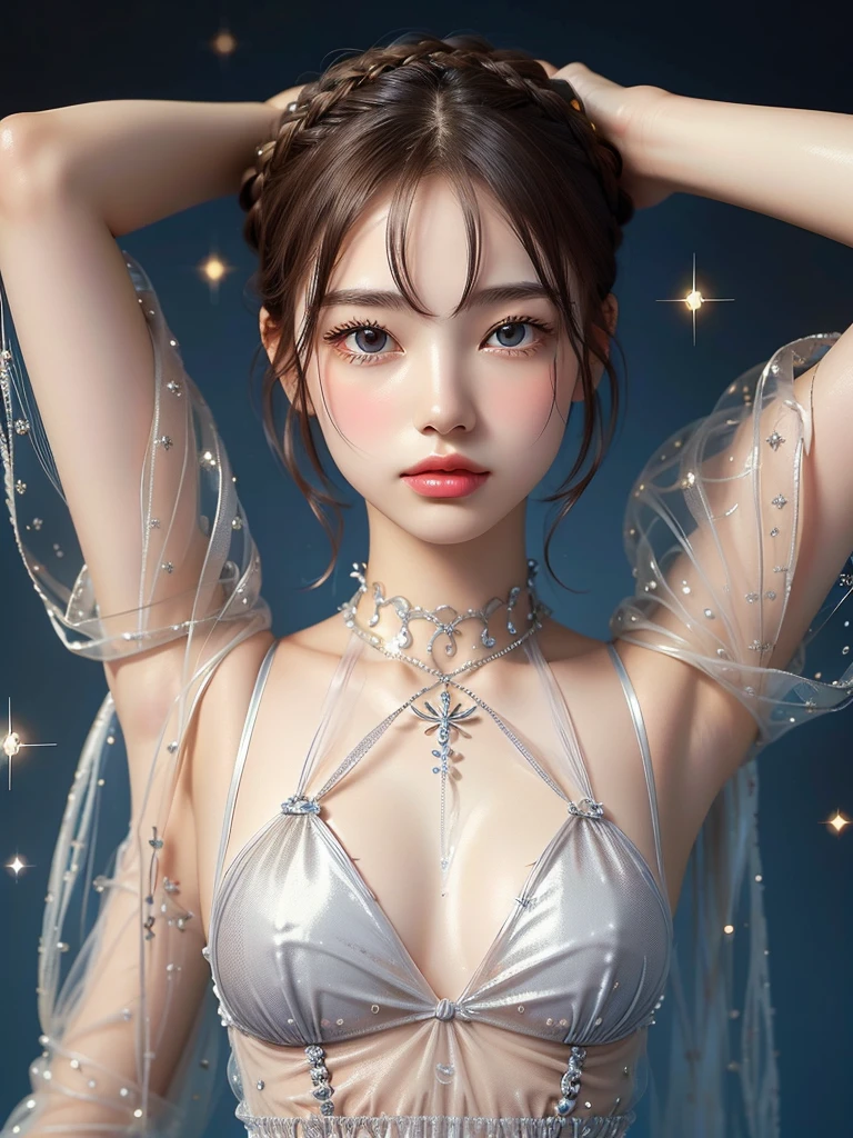 Highest quality, masterpiece, Upper Body,
(Adult:1.6) 1People Women, (Grin:0.4), Put your arms behind your head,
Braided silver hair,
Sparkling eyes,
victorian sundress,
Floating light particles, Centered, (((See-through 1.5)))
