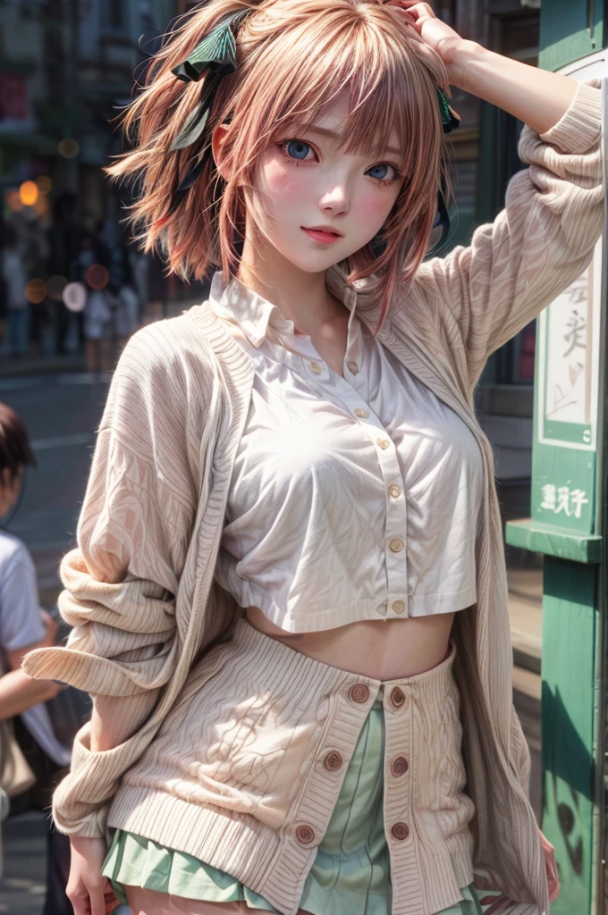 A girl in her fifties with pink hair, a white shirt and a green skirt, anime girl in real life, Cute girl with short pink hair, realistic anime 3 d style, attractive anime girl, anime style mixed with fujifilm, anime style. 8K, photorealistic anime, young anime girl, realistic young anime girl, anime realism style, Short hair, anime. Soft lighting
