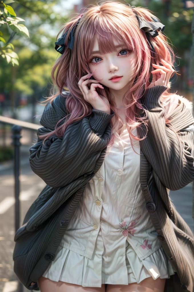 there is a woman Pink Hair and a jacket on, Wear casual clothes, wearing Casual clothing, wearing a cardigan, cardigan, Ulzzang, Pink Hair, wearing in cardigan, Close-up of a young anime girl, Casual clothing, Wearing long, loose clothing, Wearing a jacket, Real life anime girls, Long Hair, Beautiful afternoon lighting