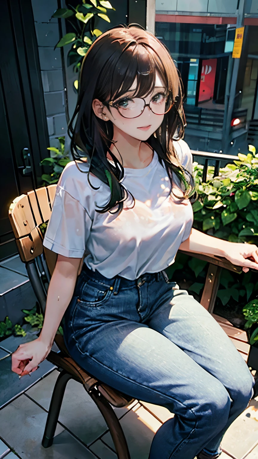 (masterpiece:1.2, Top quality),, Nice illustration, (Natural side Light, Light), 
Looking at the audience, 1 girl， wear glasses，Green hair，White shirt clothes，jeans，Large Breasts，Nipple protrusion 2:1，Areola 2:3，Pronounced nipples:1.9，Pink nipples，She sits in a garden chair，It rained and my clothes got wet