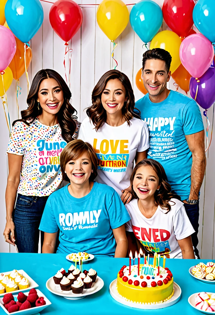 create a beautiful scene, Television commercial, cover of a magazine, reunited family, June themed birthday party, lots of sweets, written shirt "@LARCH DOCES", everyone very happy