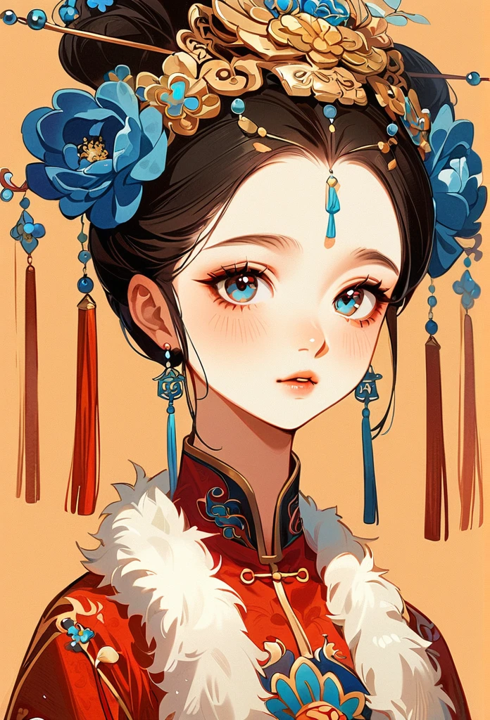(masterpiece, best quality:1.2), 1 girl, alone,Queen of China,Has a beautiful face and big eyes, Wearing an ornate headdress with blue flowers and gold tassels. She is wearing a dark red Chinese dress,There is a white fur collar around the neck,Light orange background.